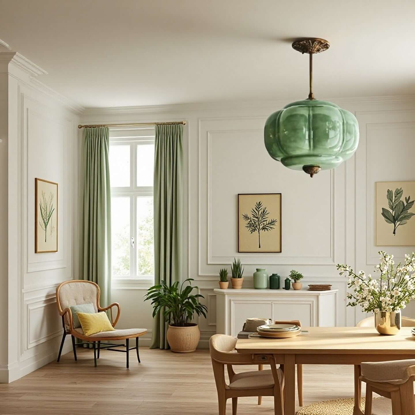 Pumpkin-Style Green Glass Pendant Light (Dimmable)