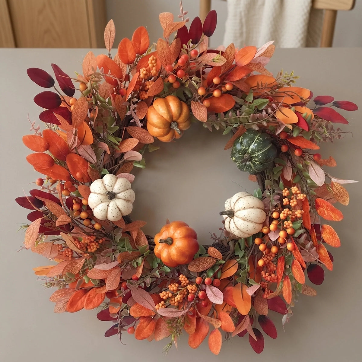 Pumpkin Wreath Handcrafted Artificial Pumpkins & Eucalyptus