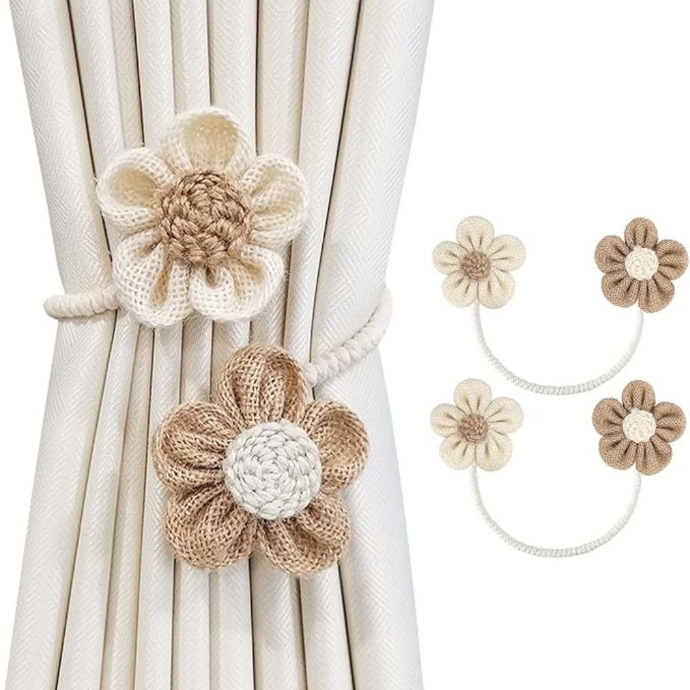 Punch-Free Floral Hemp Curtain Tiebacks (Set of 2)