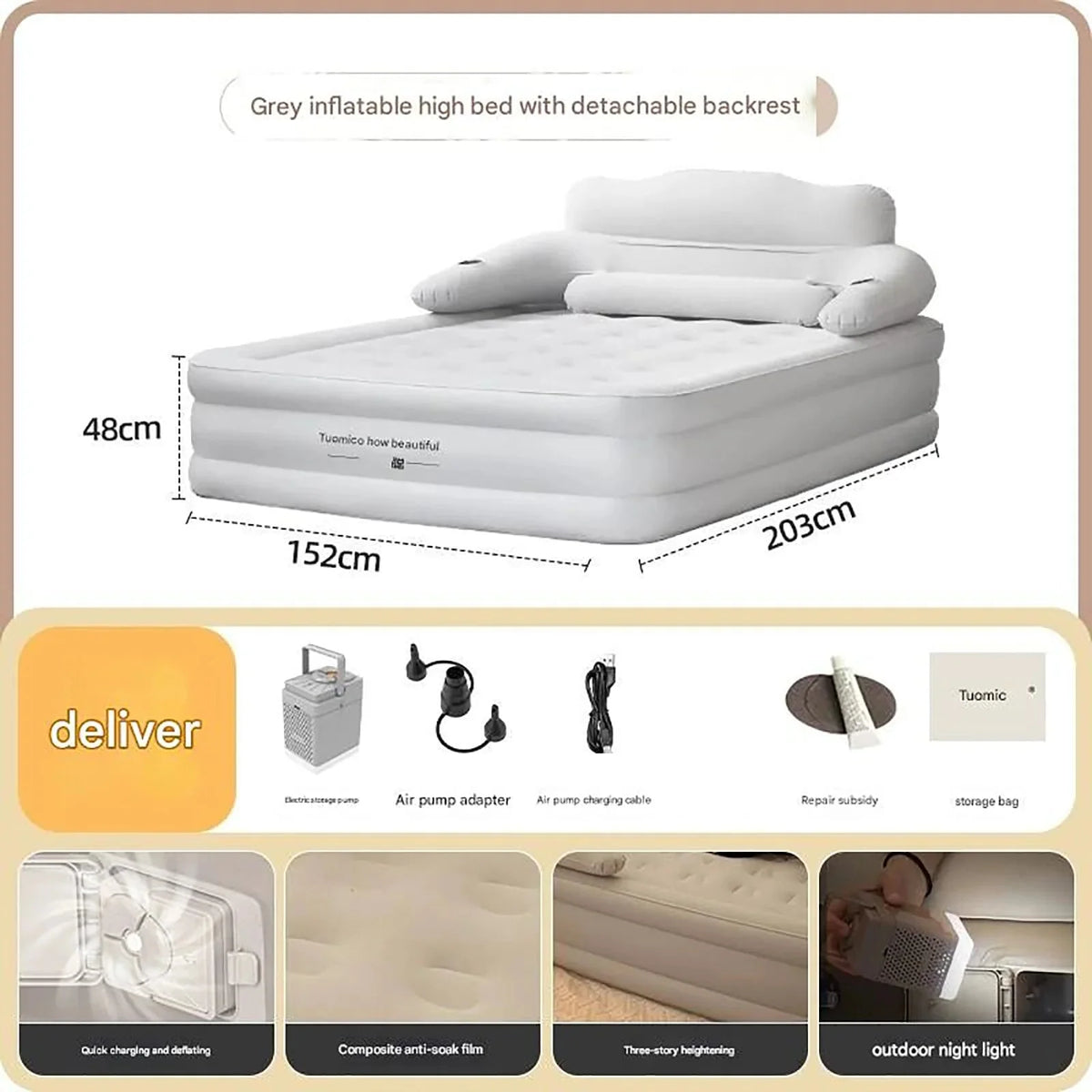 Queen Air Mattress Elevated Backrest & Electric Pump