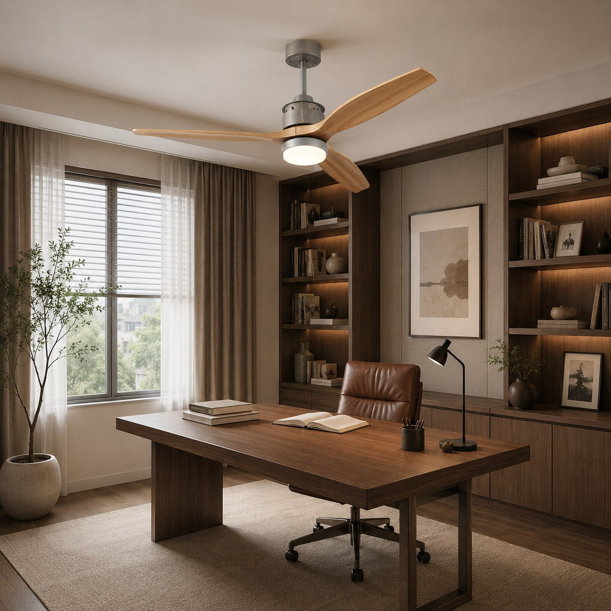 Quiet Wood-Blade Dimmable LED Ceiling Fan