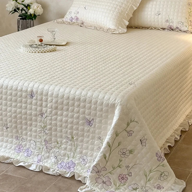 Quilt Set 100% Cotton Embroidered & Lace Trim 3-Piece
