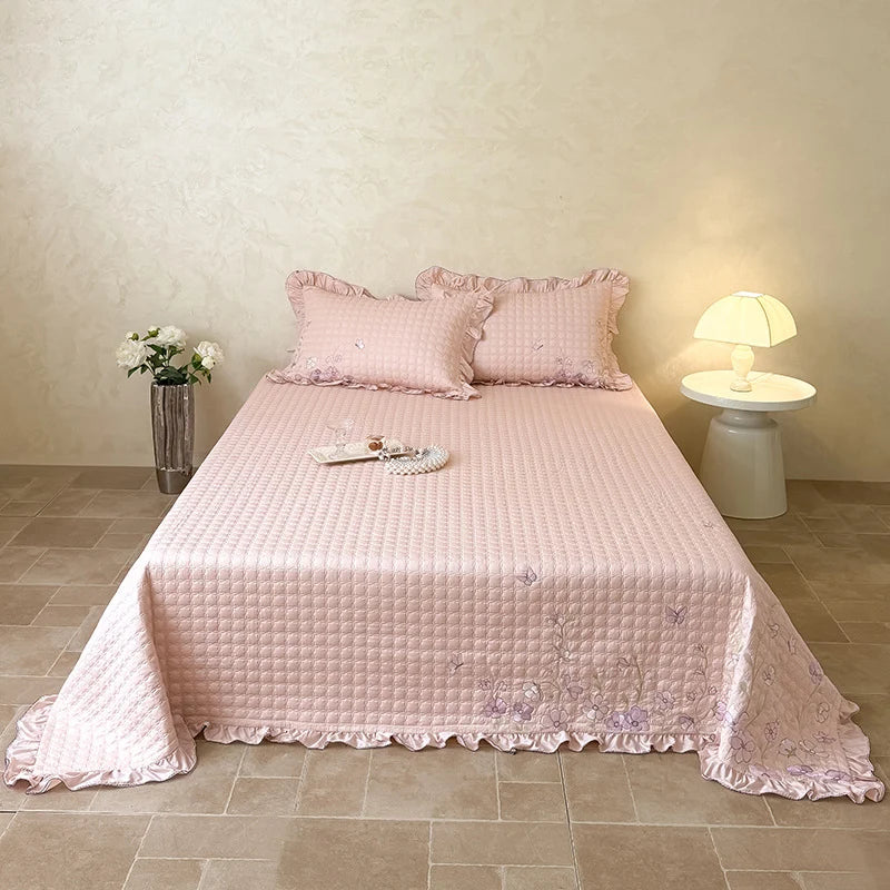 Quilt Set 100% Cotton Embroidered & Lace Trim 3-Piece