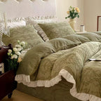 Quilted Bedding Set Breathable Tone-On-Tone Embroidery & Ruffled Hem