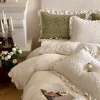 Quilted Bedding Set Breathable Tone-On-Tone Embroidery & Ruffled Hem
