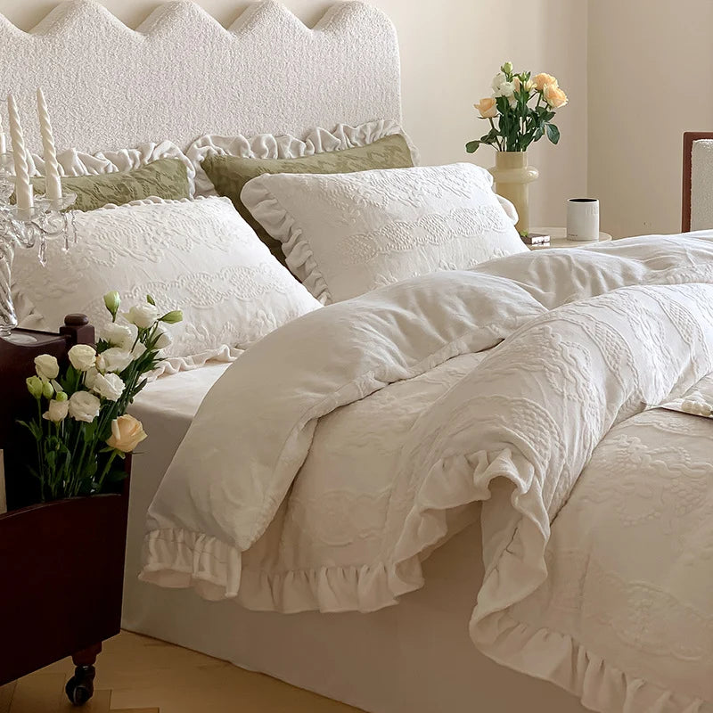 Quilted Bedding Set Breathable Tone-On-Tone Embroidery & Ruffled Hem