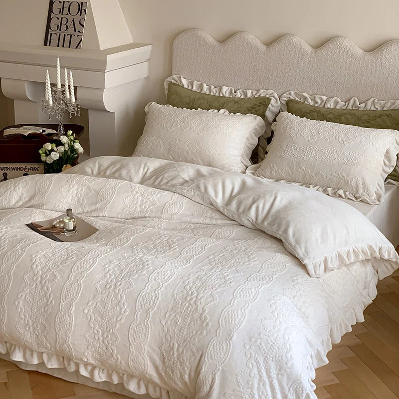 Quilted Bedding Set Breathable Tone-On-Tone Embroidery & Ruffled Hem