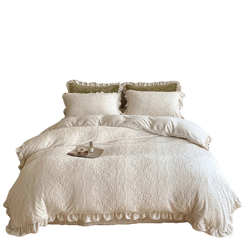Quilted Bedding Set Breathable Tone-On-Tone Embroidery & Ruffled Hem