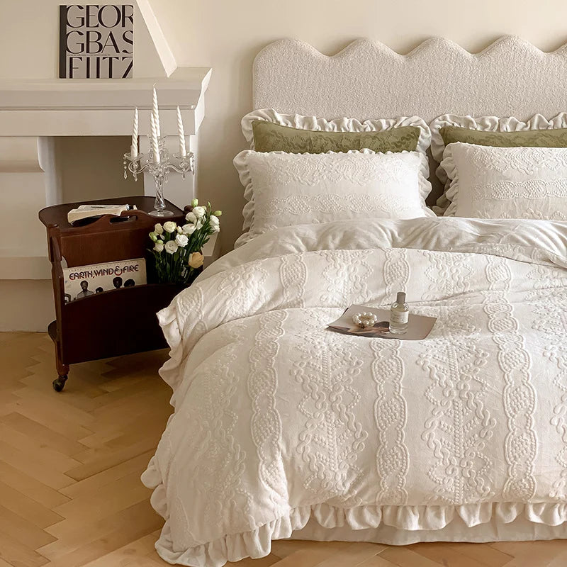 Quilted Bedding Set Breathable Tone-On-Tone Embroidery & Ruffled Hem