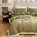 Quilted Bedding Set Breathable Tone-On-Tone Embroidery & Ruffled Hem