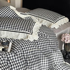 Quilted Bedding Set Cotton Blend Check Pattern & Lace Ruffle