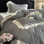 Quilted Bedding Set Cotton Blend Check Pattern & Lace Ruffle