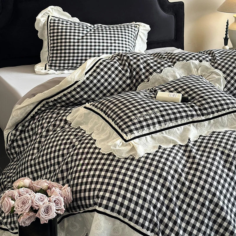 Quilted Bedding Set Cotton Blend Check Pattern & Lace Ruffle