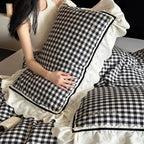 Quilted Bedding Set Cotton Blend Check Pattern & Lace Ruffle