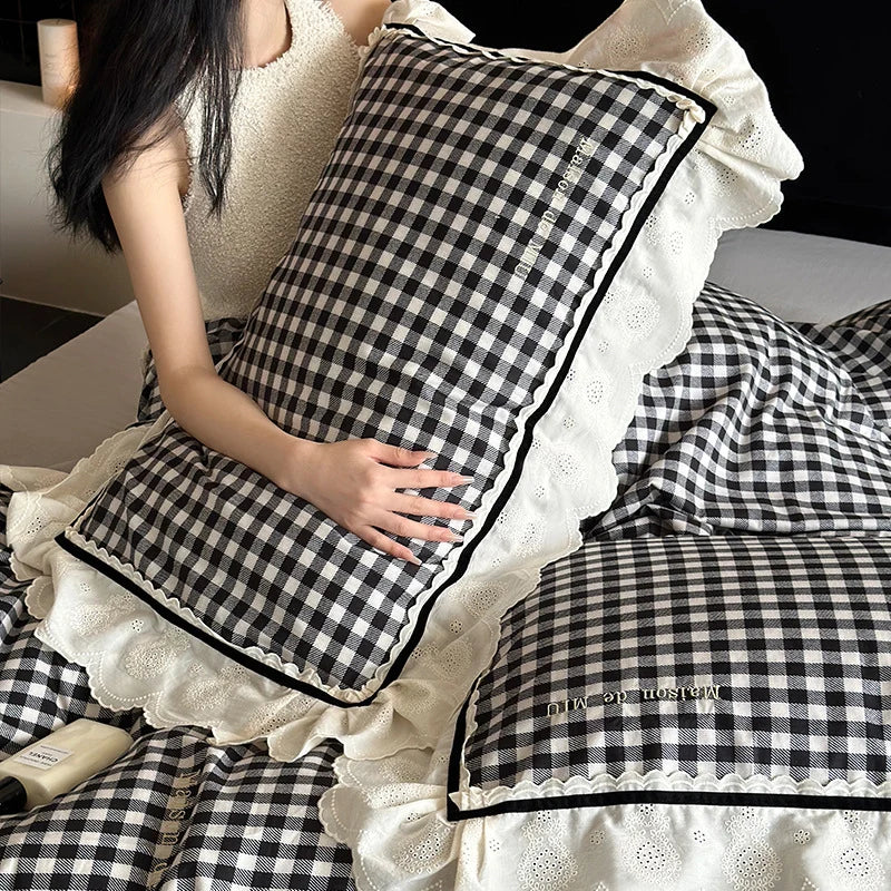 Quilted Bedding Set Cotton Blend Check Pattern & Lace Ruffle