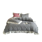 Quilted Bedding Set Cotton Blend Check Pattern & Lace Ruffle