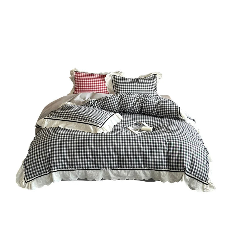 Quilted Bedding Set Cotton Blend Check Pattern & Lace Ruffle