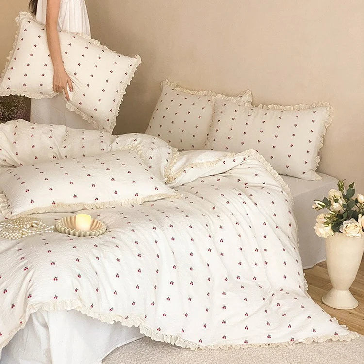 Quilted Bedding Set Cotton Muslin Ruffle Edge Machine Washable