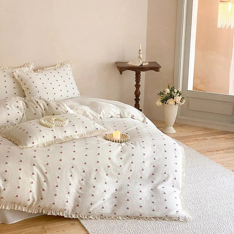 Quilted Bedding Set Cotton Muslin Ruffle Edge Machine Washable
