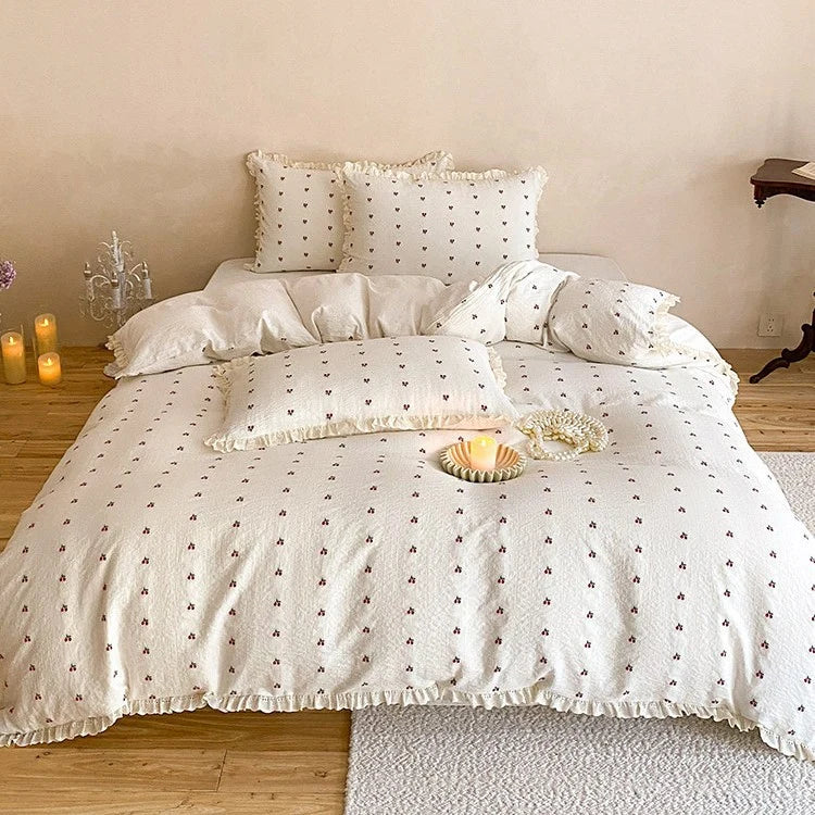 Quilted Bedding Set Cotton Muslin Ruffle Edge Machine Washable