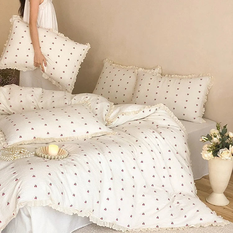 Quilted Bedding Set Cotton Muslin Ruffle Edge Machine Washable