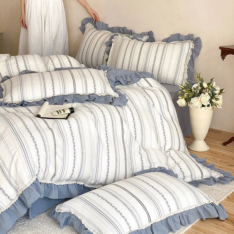 Quilted Bedding Set Cotton Muslin Ruffle Edge Machine Washable