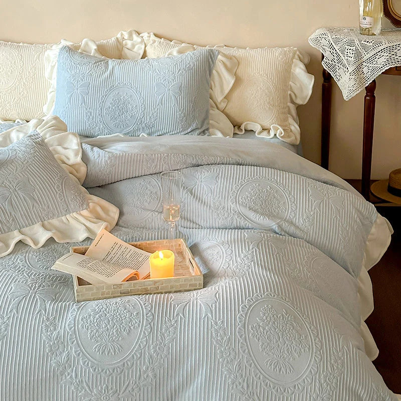 Quilted Bedding Set Jacquard Medallion & Ruffle Accents