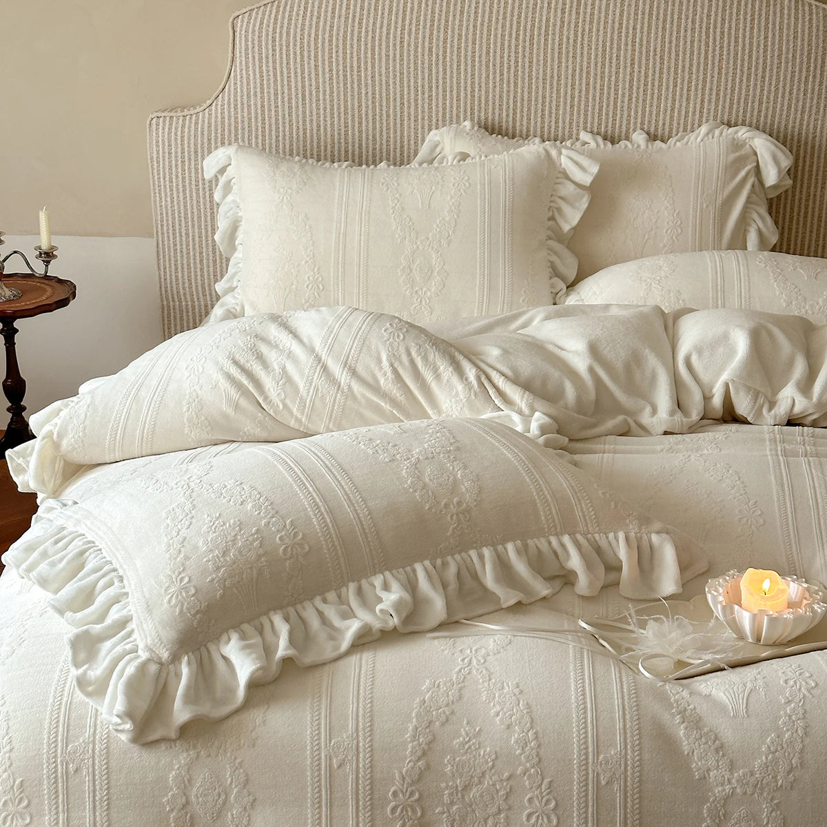 Quilted Bedding Set Medallion Jacquard & Ruffle Trim