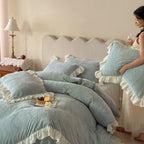 Quilted Bedding Set Medallion Jacquard & Ruffle Trim