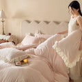Quilted Bedding Set Medallion Jacquard & Ruffle Trim