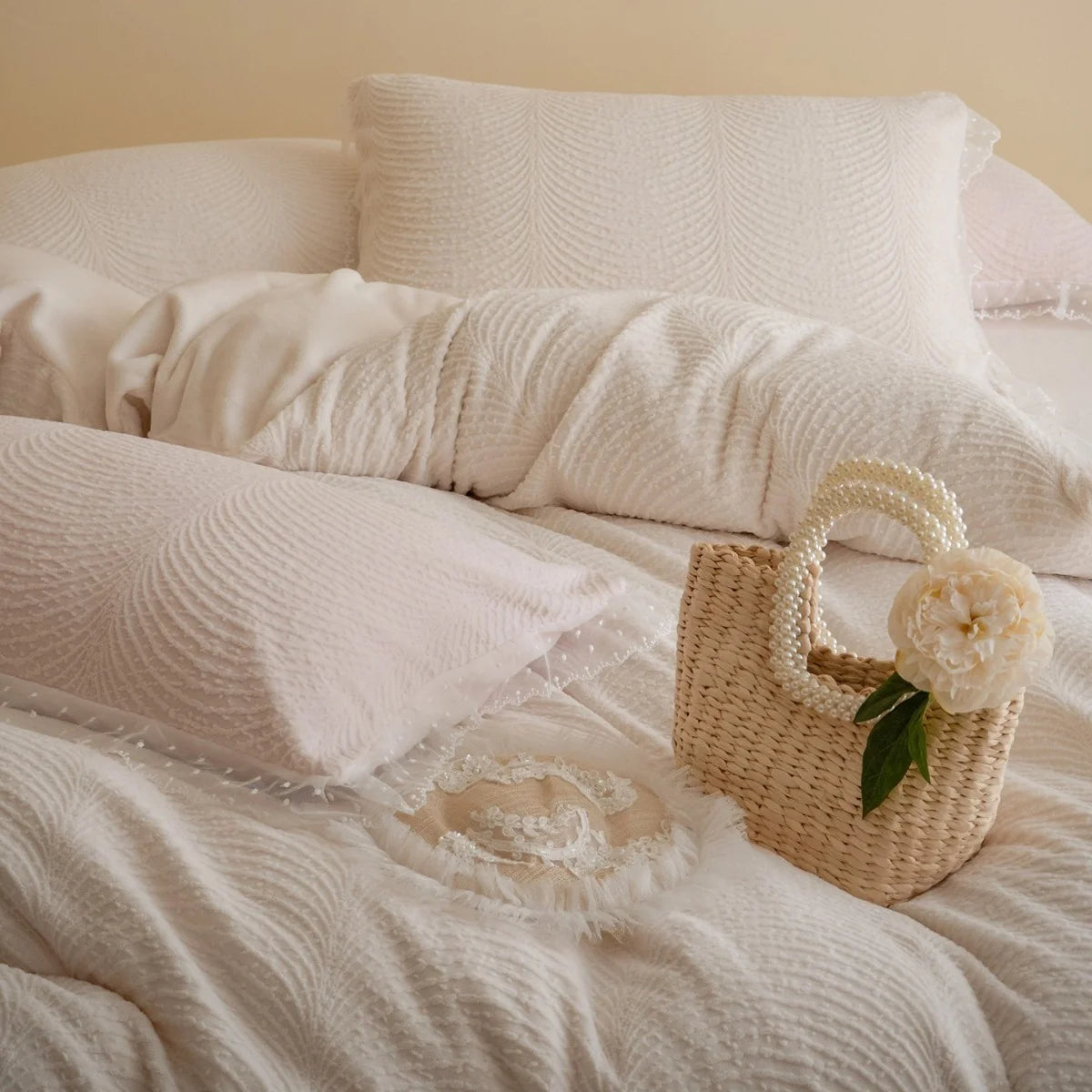 Quilted Bedding Set Wave Quilting & Lace Trim