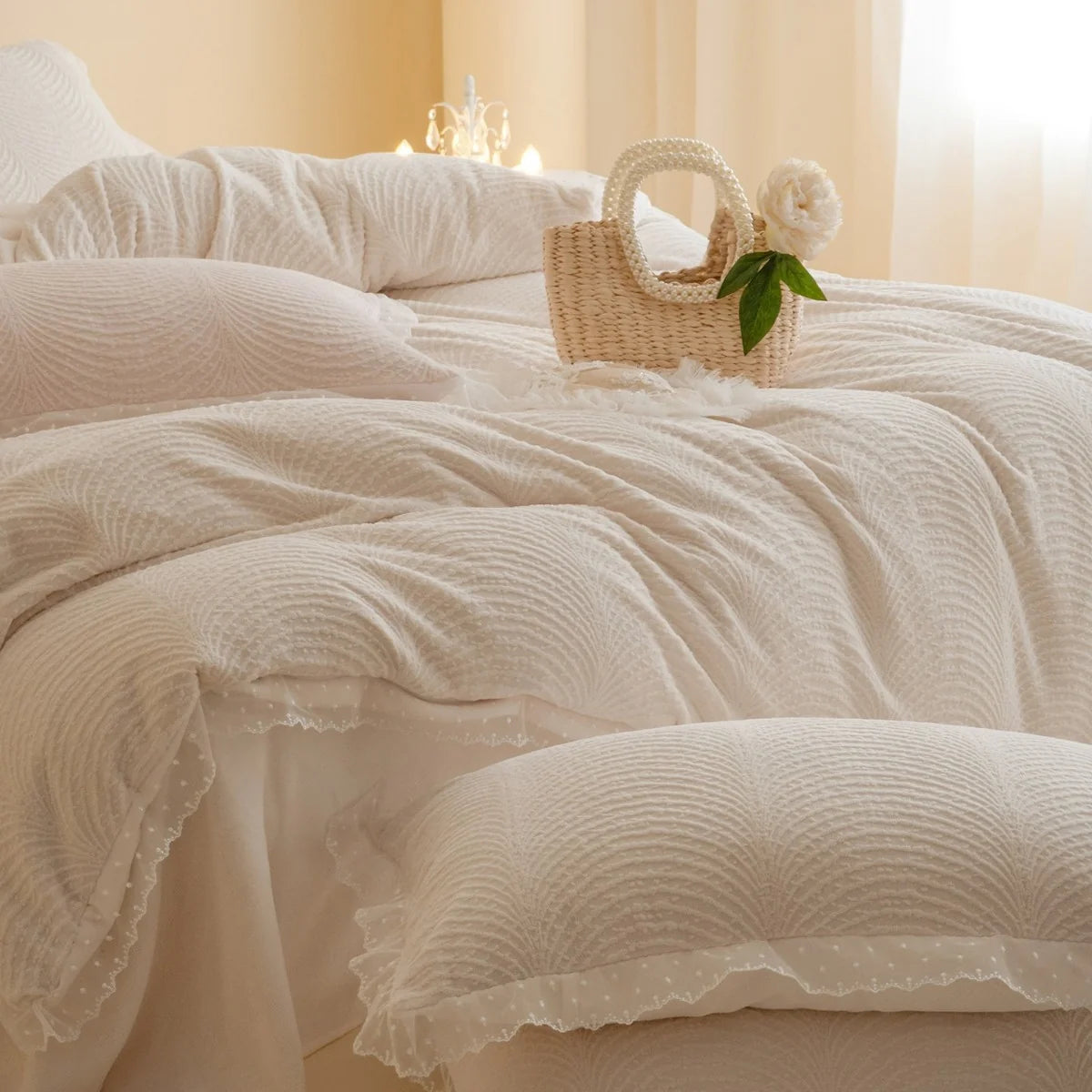 Quilted Bedding Set Wave Quilting & Lace Trim