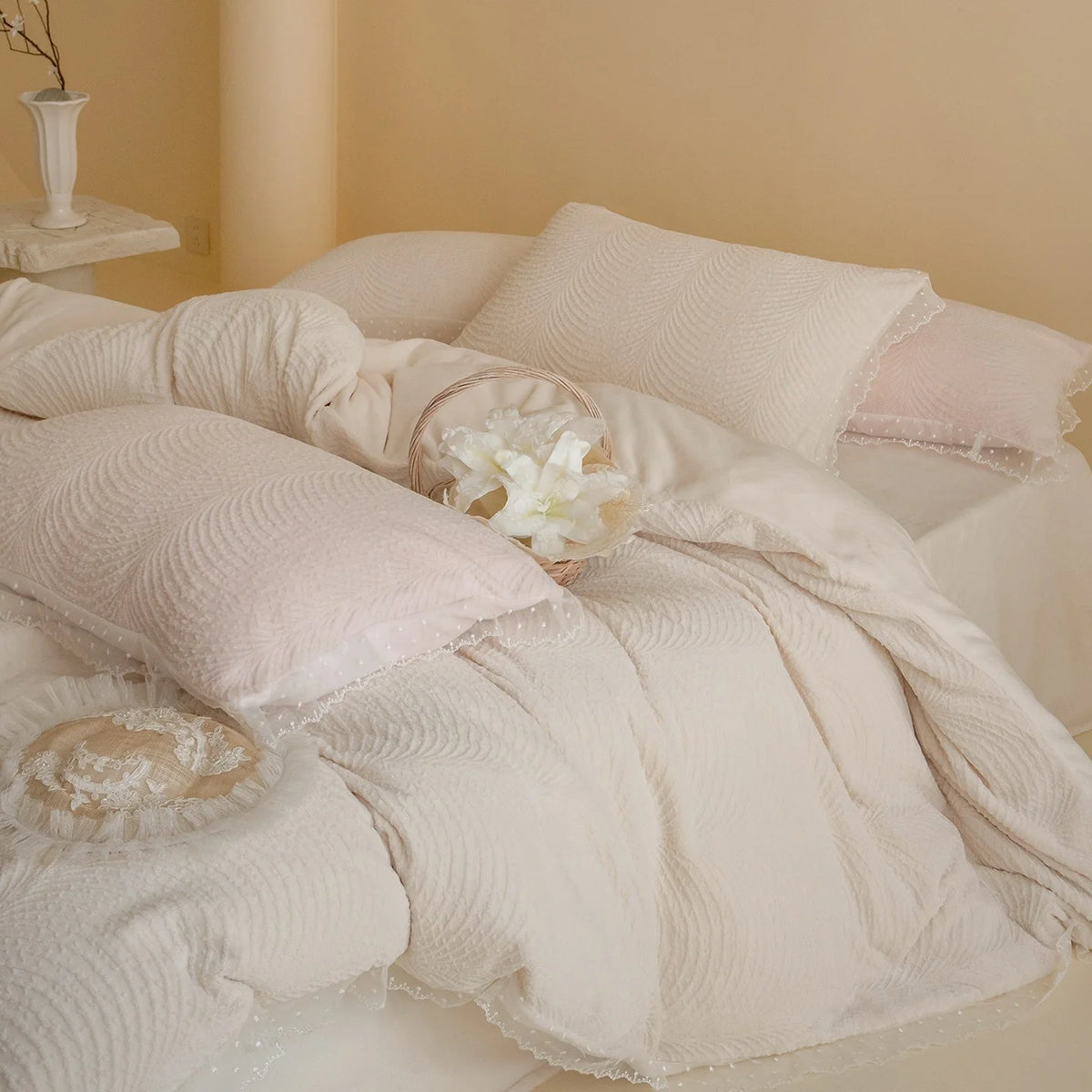 Quilted Bedding Set Wave Quilting & Lace Trim