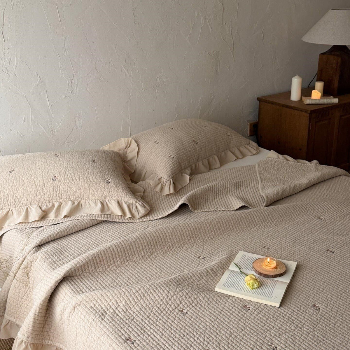 Quilted Bedspread Cotton Percale Ruffle Border & Floral Embroidery