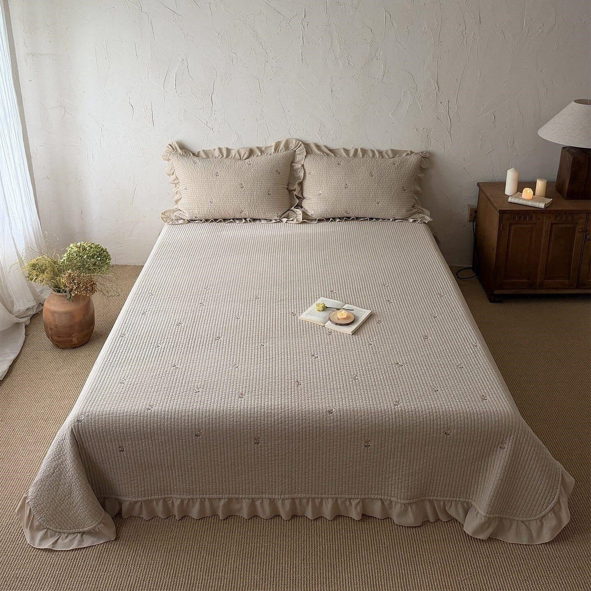Quilted Bedspread Cotton Percale Ruffle Border & Floral Embroidery