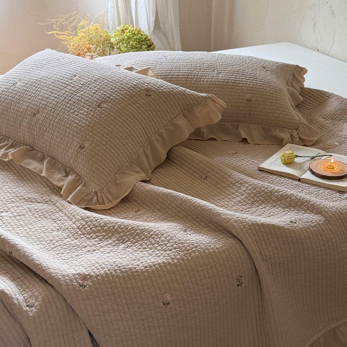 Quilted Bedspread Cotton Percale Ruffle Border & Floral Embroidery