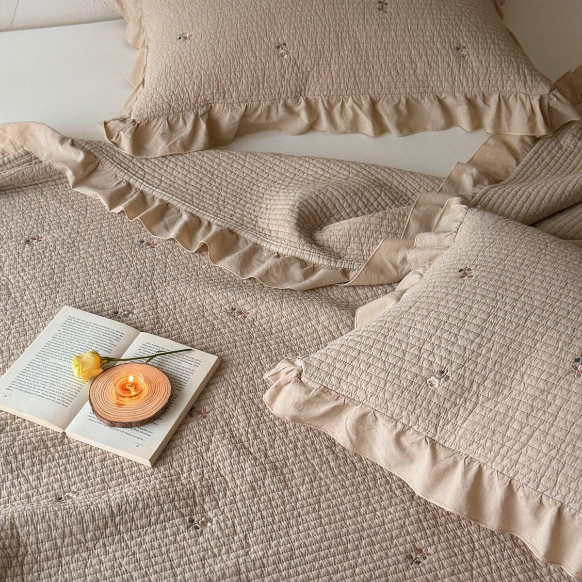 Quilted Bedspread Cotton Percale Ruffle Border & Floral Embroidery