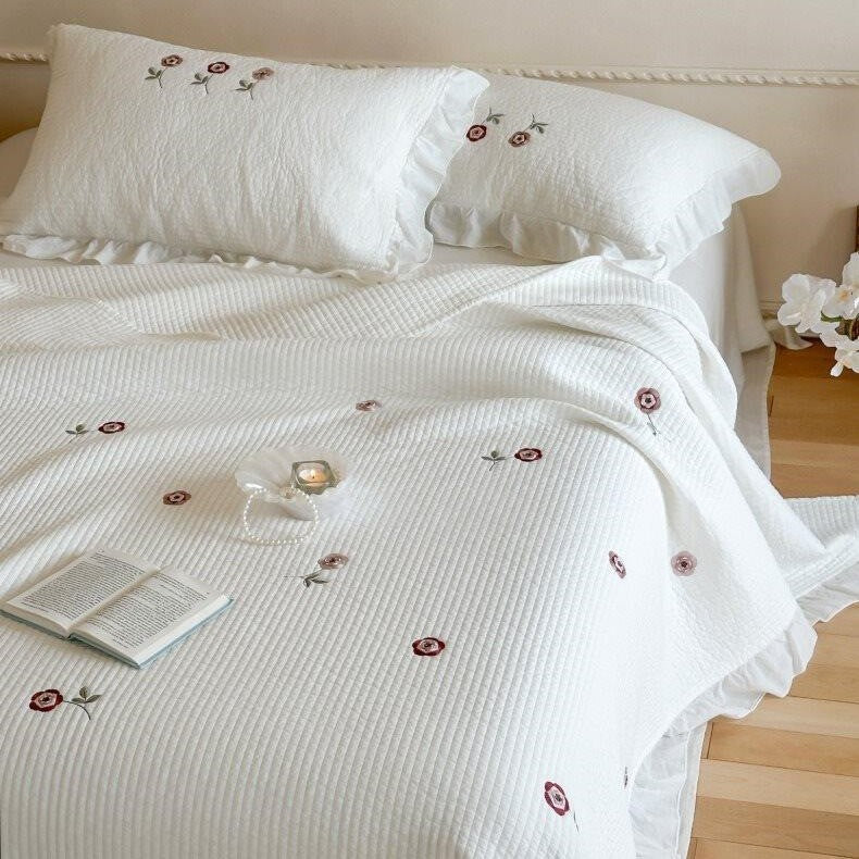 Quilted Bedspread Cotton Percale Ruffle Border & Floral Embroidery