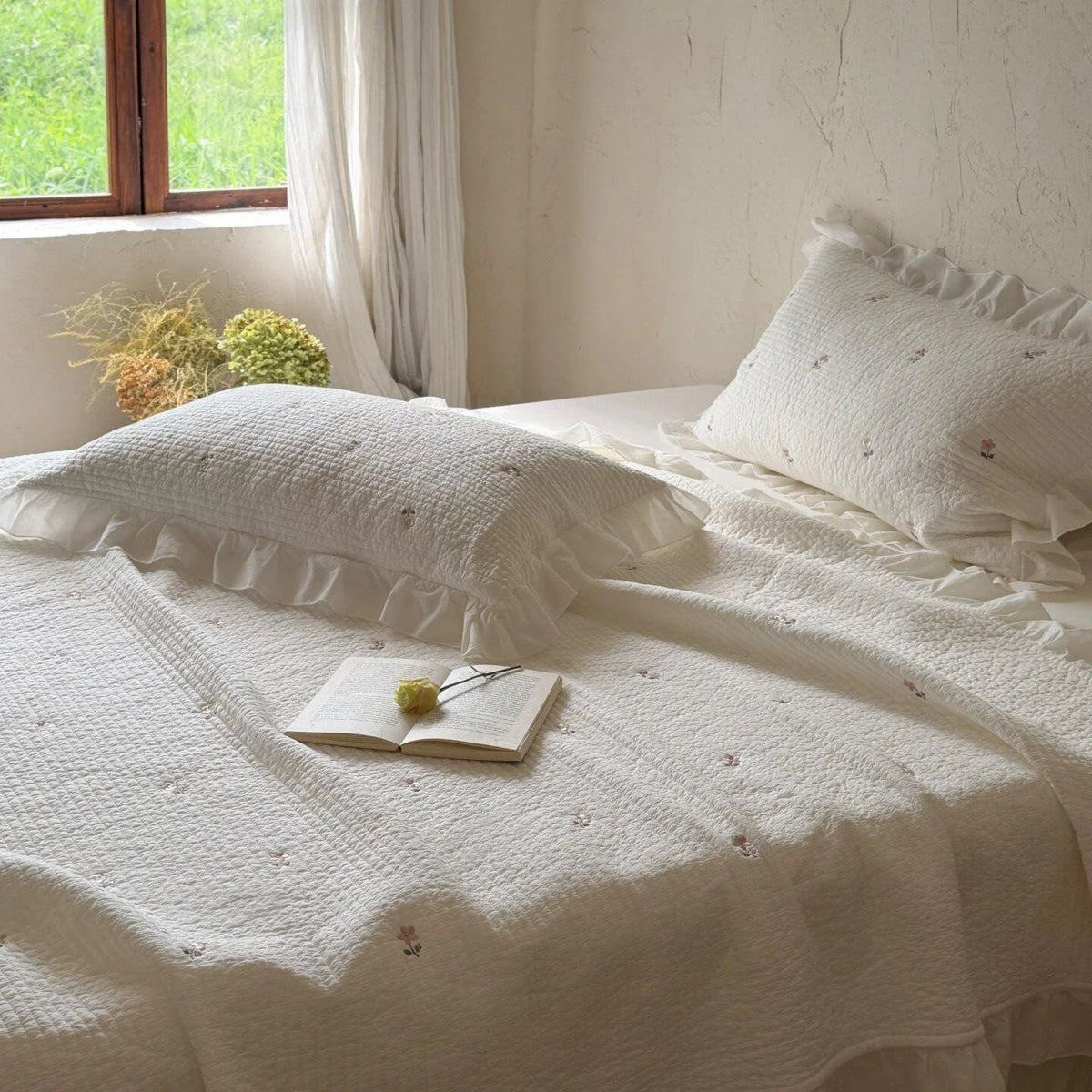 Quilted Bedspread Cotton Percale Ruffle Border & Floral Embroidery