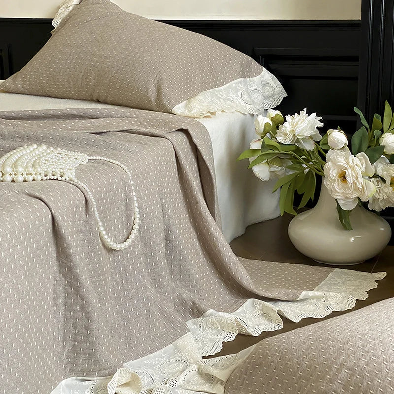 Quilted Bedspread & Pillowcase Set Waffle Texture Cotton Blend