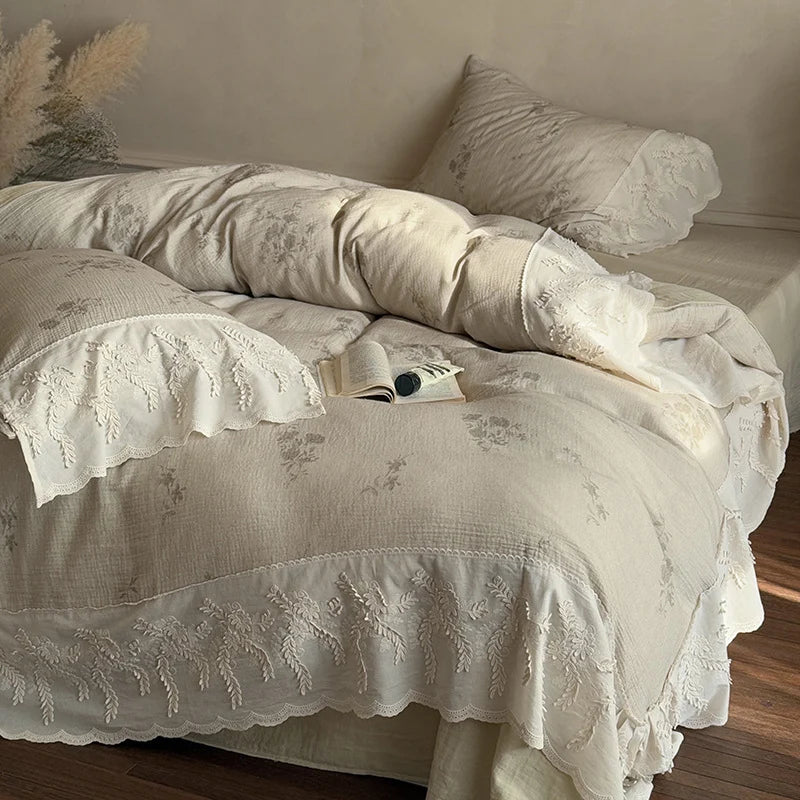 Quilted Bedspread Set Breathable Filling Embroidered Ruffle
