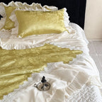 Quilted Bedspread Set Jacquard Satin 4-Piece Ruffle & Lace