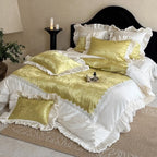 Quilted Bedspread Set Jacquard Satin 4-Piece Ruffle & Lace