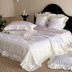 Quilted Bedspread Set Jacquard Satin 4-Piece Ruffle & Lace