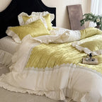 Quilted Bedspread Set Jacquard Satin 4-Piece Ruffle & Lace