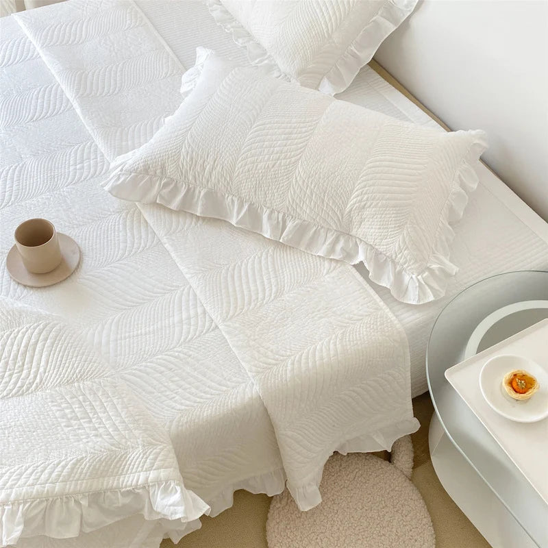 Quilted Bedspread Set Leaf Quilting & Ruffle Edge Machine Washable