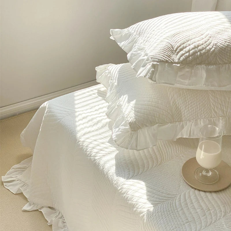 Quilted Bedspread Set Leaf Quilting & Ruffle Edge Machine Washable