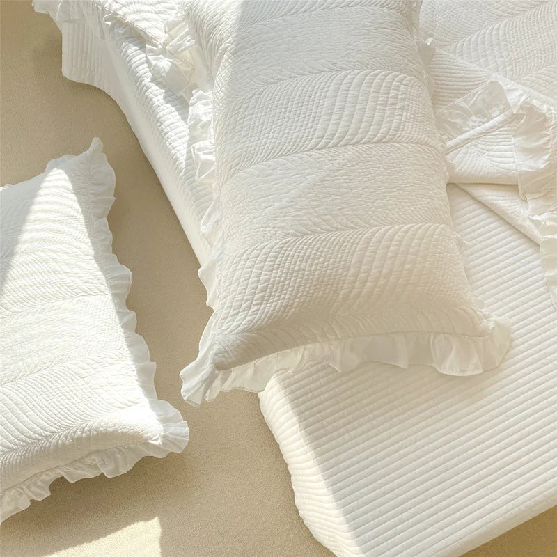 Quilted Bedspread Set Leaf Quilting & Ruffle Edge Machine Washable