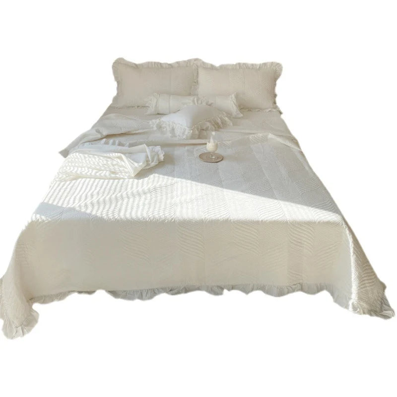 Quilted Bedspread Set Leaf Quilting & Ruffle Edge Machine Washable