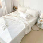 Quilted Bedspread Set Leaf Quilting & Ruffle Edge Machine Washable